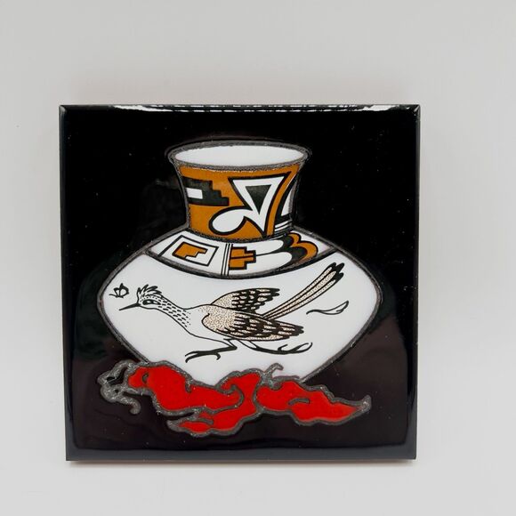 Vintage Cleo Teissedre Ceramic Tile Roadrunner Pottery Hand Painted Southwest 4" - Picture 1 of 8